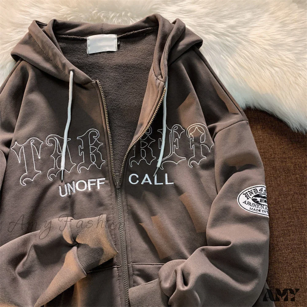 Amy Fashion - Letter Print Vintage Zip Up Oversize Jacket - Image 3