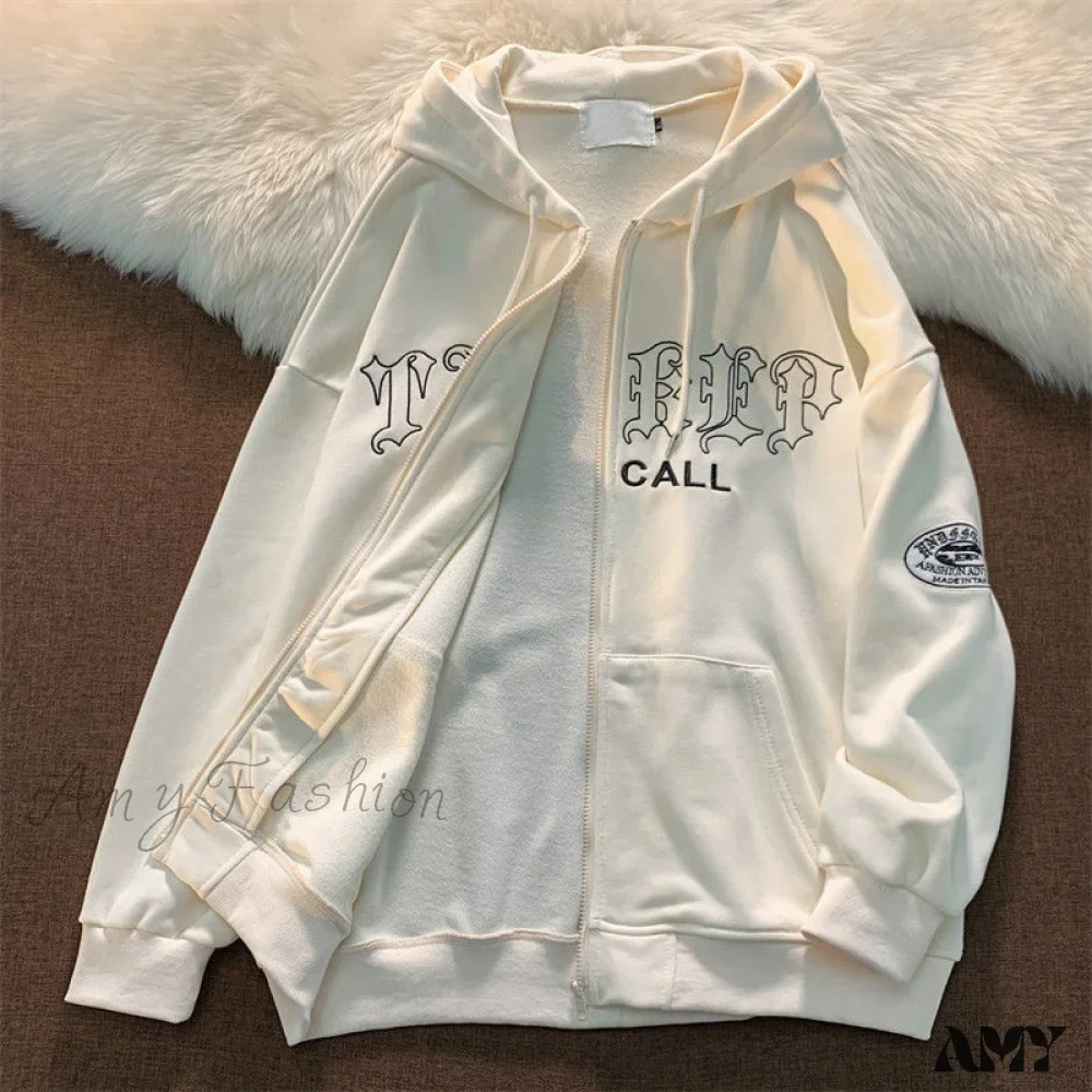 Amy Fashion - Letter Print Vintage Zip Up Oversize Jacket - Image 6