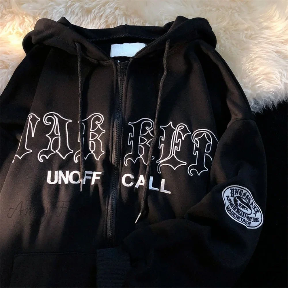 Amy Fashion - Letter Print Vintage Zip Up Oversize Jacket - Image 8