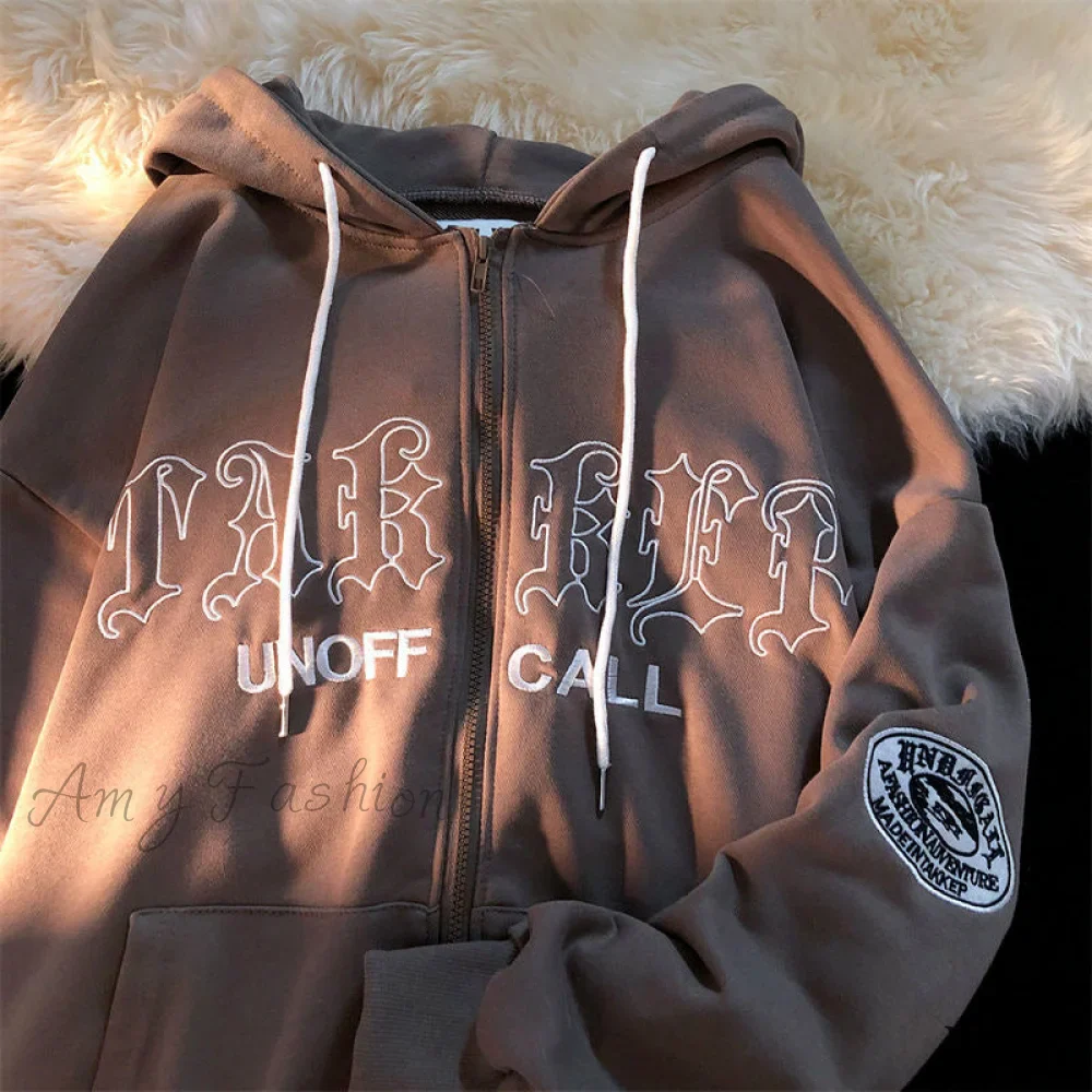 Amy Fashion - Letter Print Vintage Zip Up Oversize Jacket - Image 9