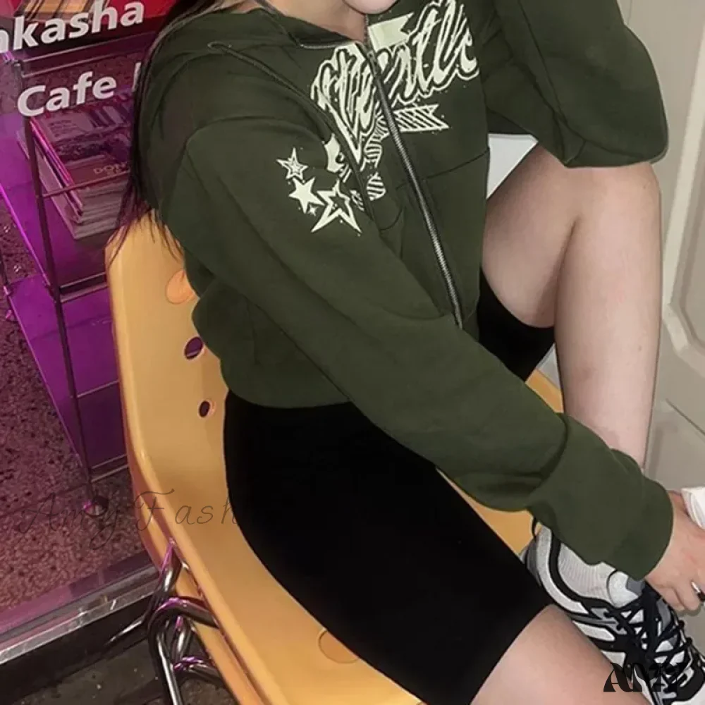 Letter Star Print Punk Retro Green Zipper  Long Sleeve Hoodie - Image 3