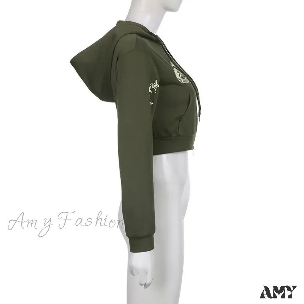 Letter Star Print Punk Retro Green Zipper  Long Sleeve Hoodie - Image 4