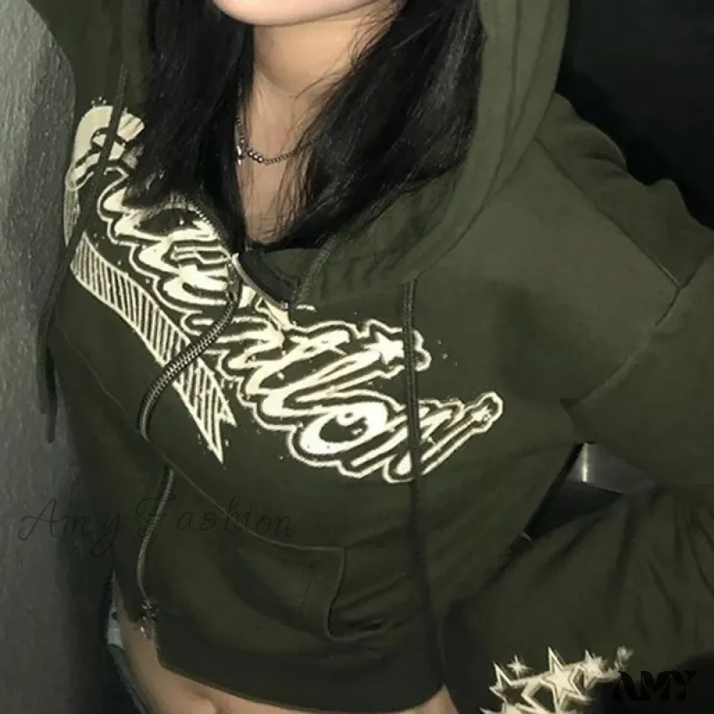 Letter Star Print Punk Retro Green Zipper  Long Sleeve Hoodie - Image 5