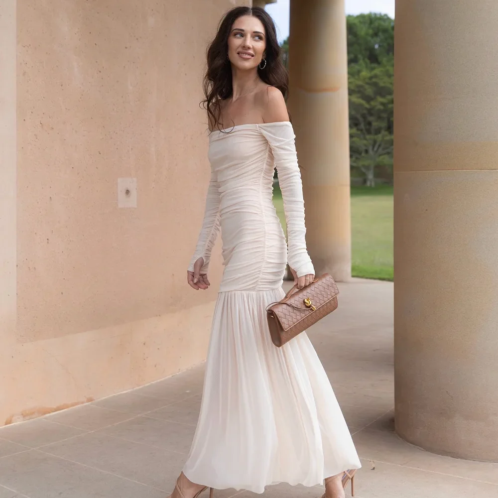Light Blue Off Shoulder Full Sleeves Ruffled Prom Dress - Image 3