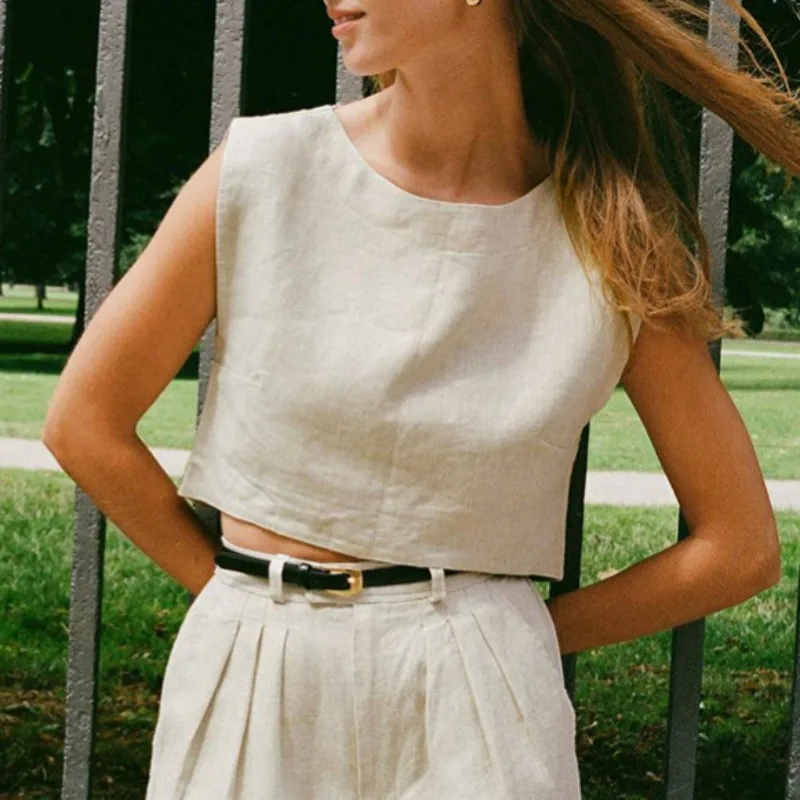 Linen Minimalist Loose Crop Top - Image 2
