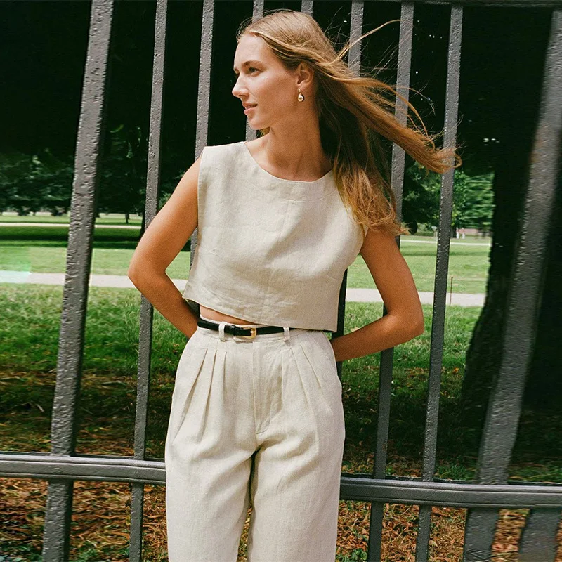 Linen Minimalist Loose Crop Top - Image 6