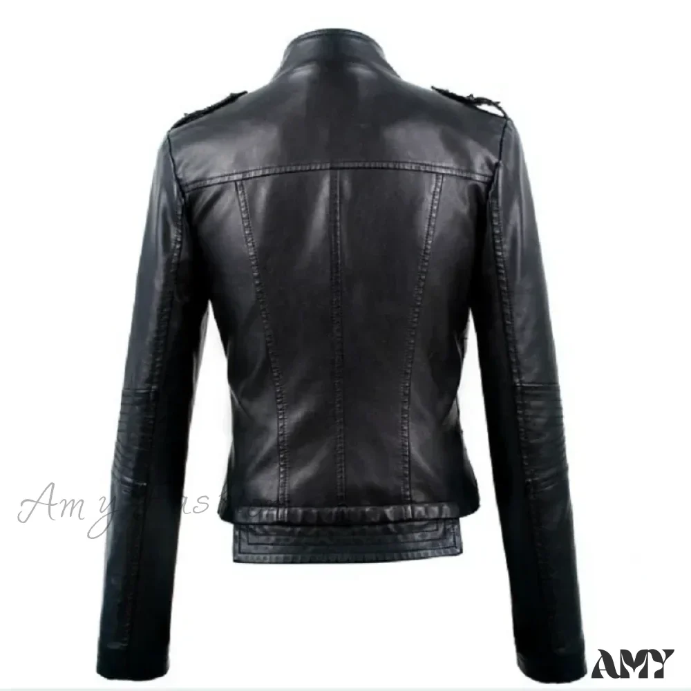 Locomotive PU Leather Short Slim-Fit Stand-Up Collar Rivet Leather Jacket - Image 3
