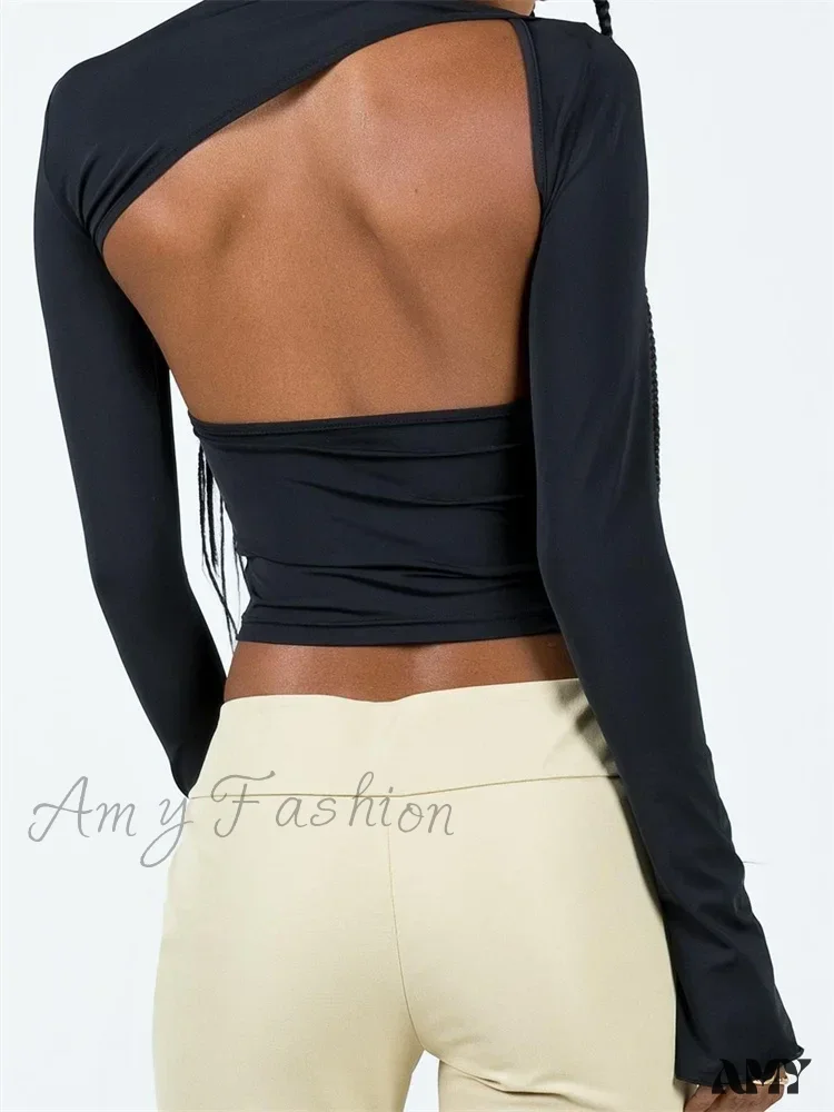 Amy Fashion - Long Sleeve Backless Casual Slim Fit Pullovers T-Shirts - Image 3