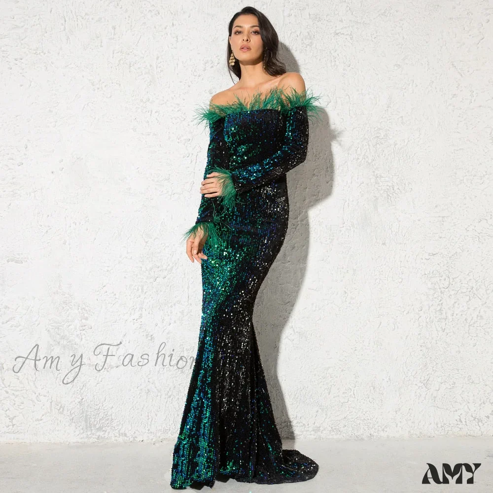 Amy Fashion - Long Sleeve Bodycon Stretchy Slash Neck Mermaid Dress