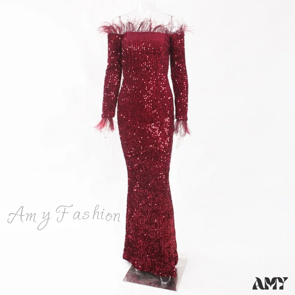 Amy Fashion - Long Sleeve Bodycon Stretchy Slash Neck Mermaid Dress - Image 2