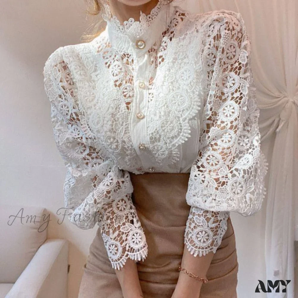 Amy Fashion - Long Sleeve Crew Neck Button Mesh Design Tops - Image 10