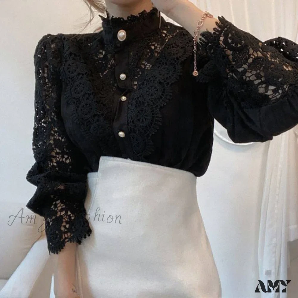 Amy Fashion - Long Sleeve Crew Neck Button Mesh Design Tops - Image 2