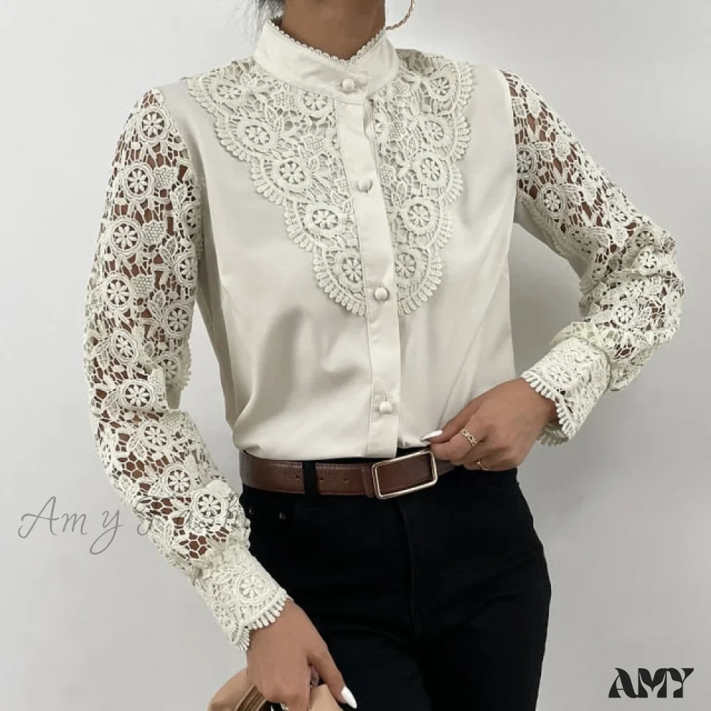 Amy Fashion - Long Sleeve Crew Neck Button Mesh Design Tops - Image 4