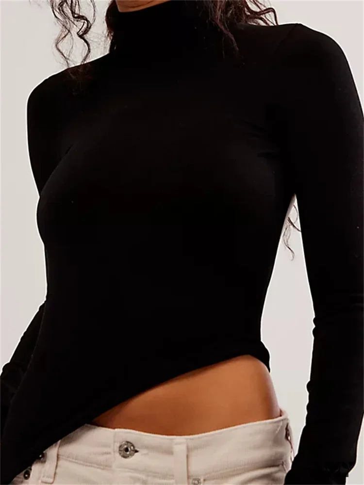 Amy Fashion - Long Sleeve High Neck Backless Slim Fit Solid Color T-Shirts - Image 3