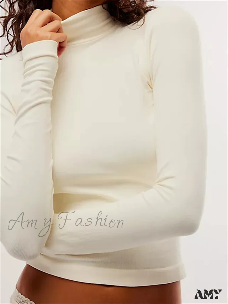 Amy Fashion - Long Sleeve High Neck Backless Slim Fit Solid Color T-Shirts - Image 4
