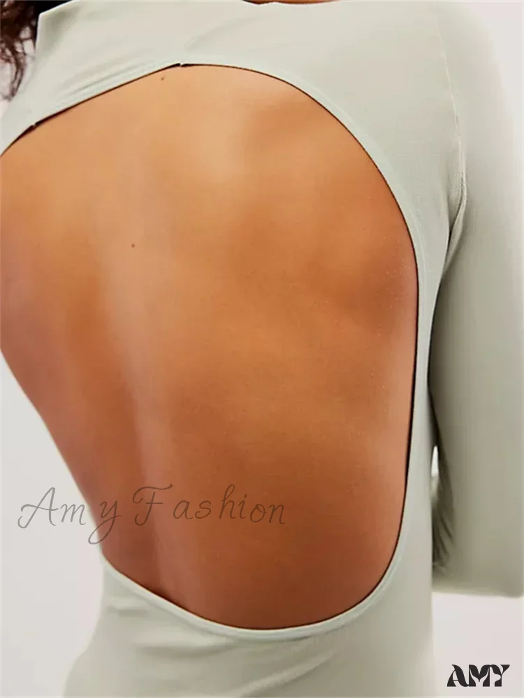 Amy Fashion - Long Sleeve High Neck Backless Slim Fit Solid Color T-Shirts - Image 5