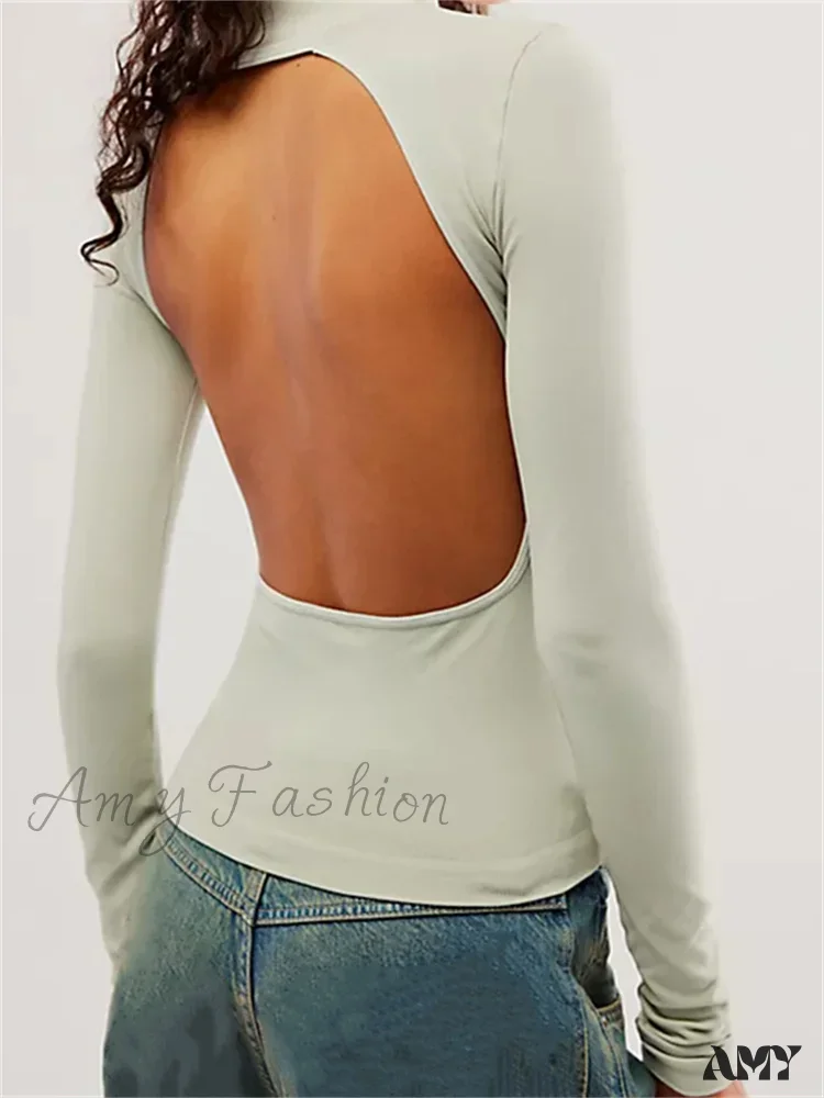 Amy Fashion - Long Sleeve High Neck Backless Slim Fit Solid Color T-Shirts - Image 6