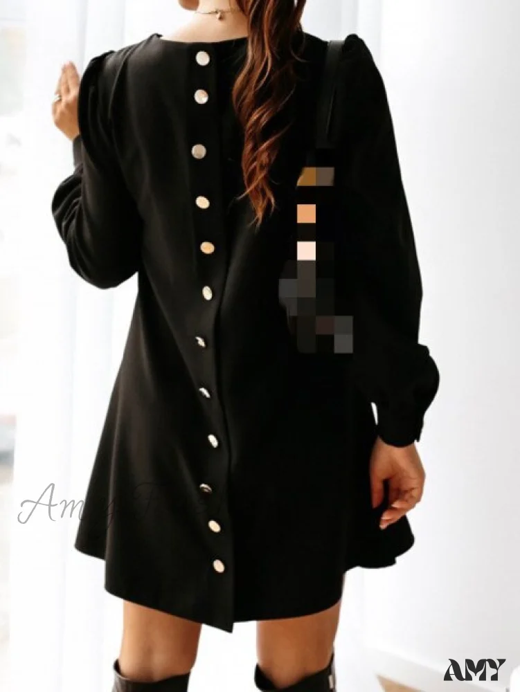 Amy Fashion - Long Sleeve Loose O-neck Button Solid A-line Elegant Dresses - Image 4