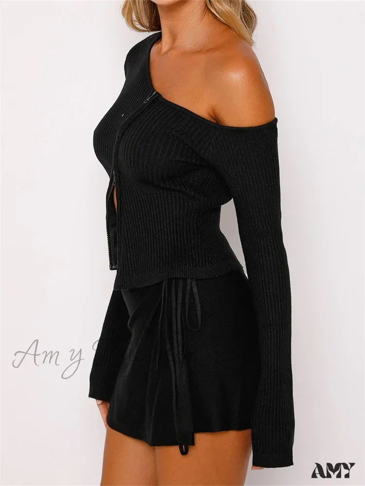 Amy Fashion - Long Sleeve Off Shoulder Front Zip Up Ribbed Knitted Cardigan T-Shirts - Image 3