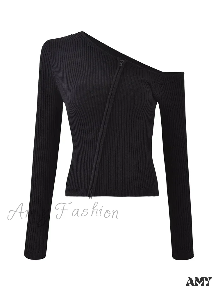 Amy Fashion - Long Sleeve Off Shoulder Front Zip Up Ribbed Knitted Cardigan T-Shirts - Image 5