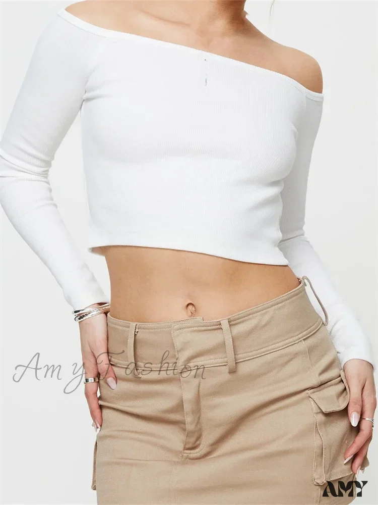 Amy Fashion - Long Sleeve Off-shoulder Solid Slim Fit Ribbed Hollow Out T-Shirts - Image 4