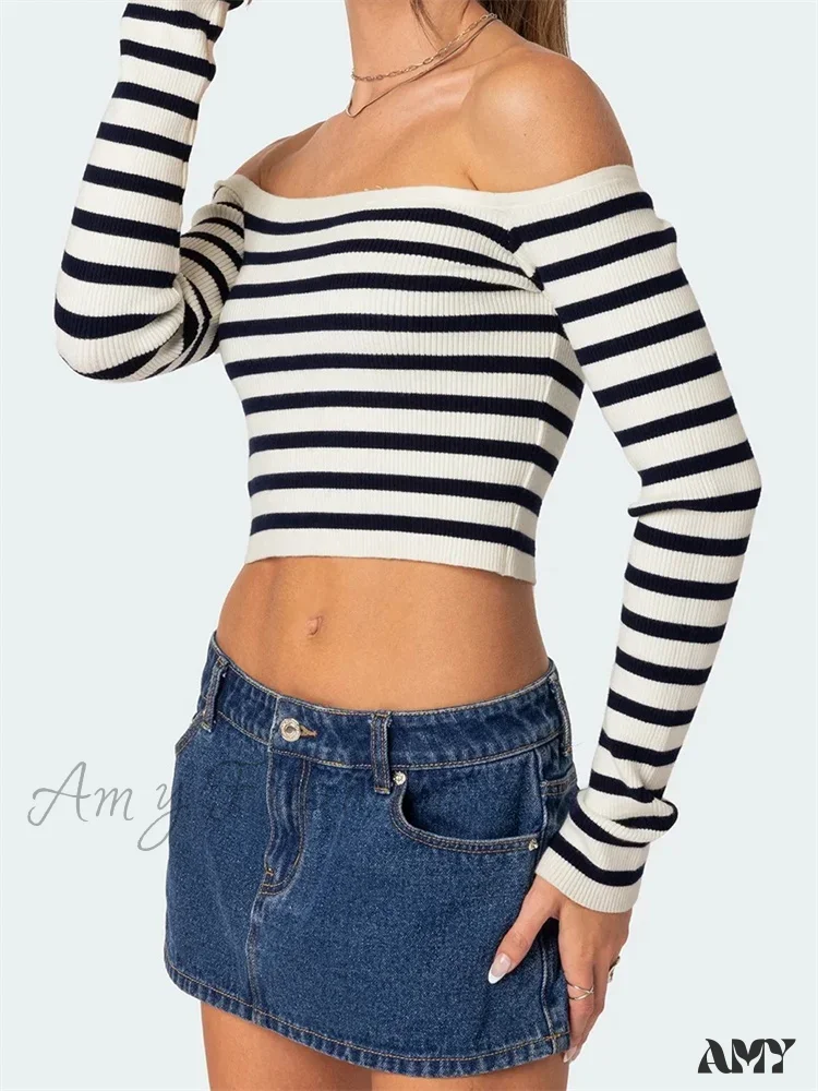 Amy Fashion - Long Sleeve Off-shoulder Striped  Exposed Navel T-Shirts - Image 2
