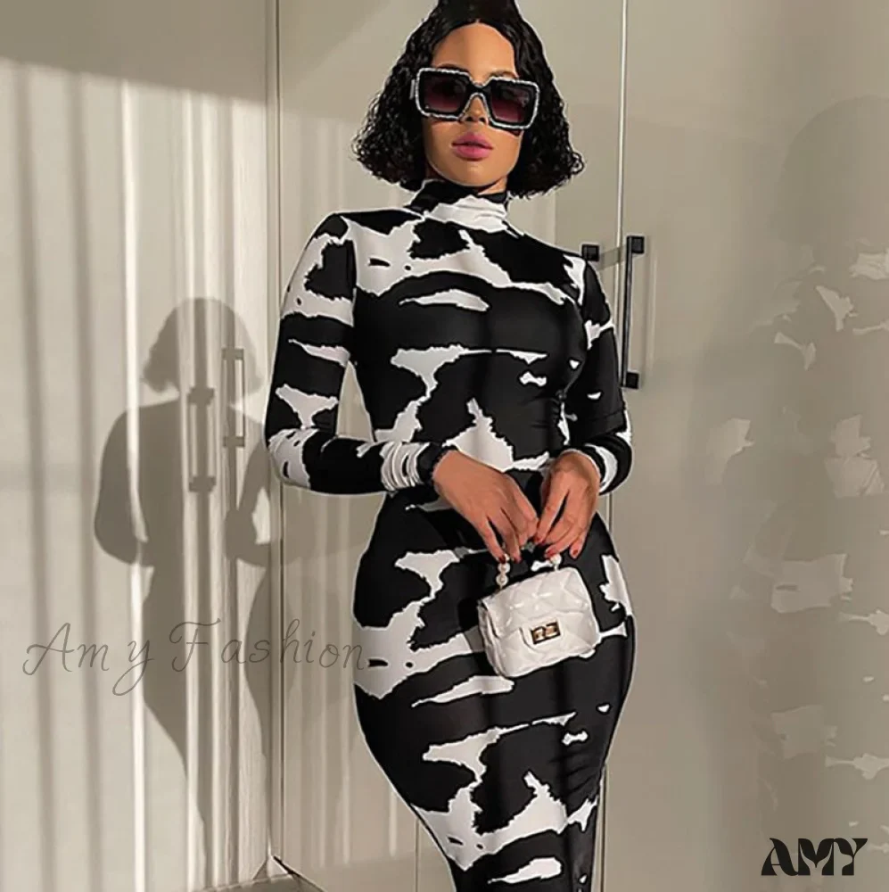Amy Fashion - Long Sleeve Printed Bodycon Pencil Long Dress - Image 2