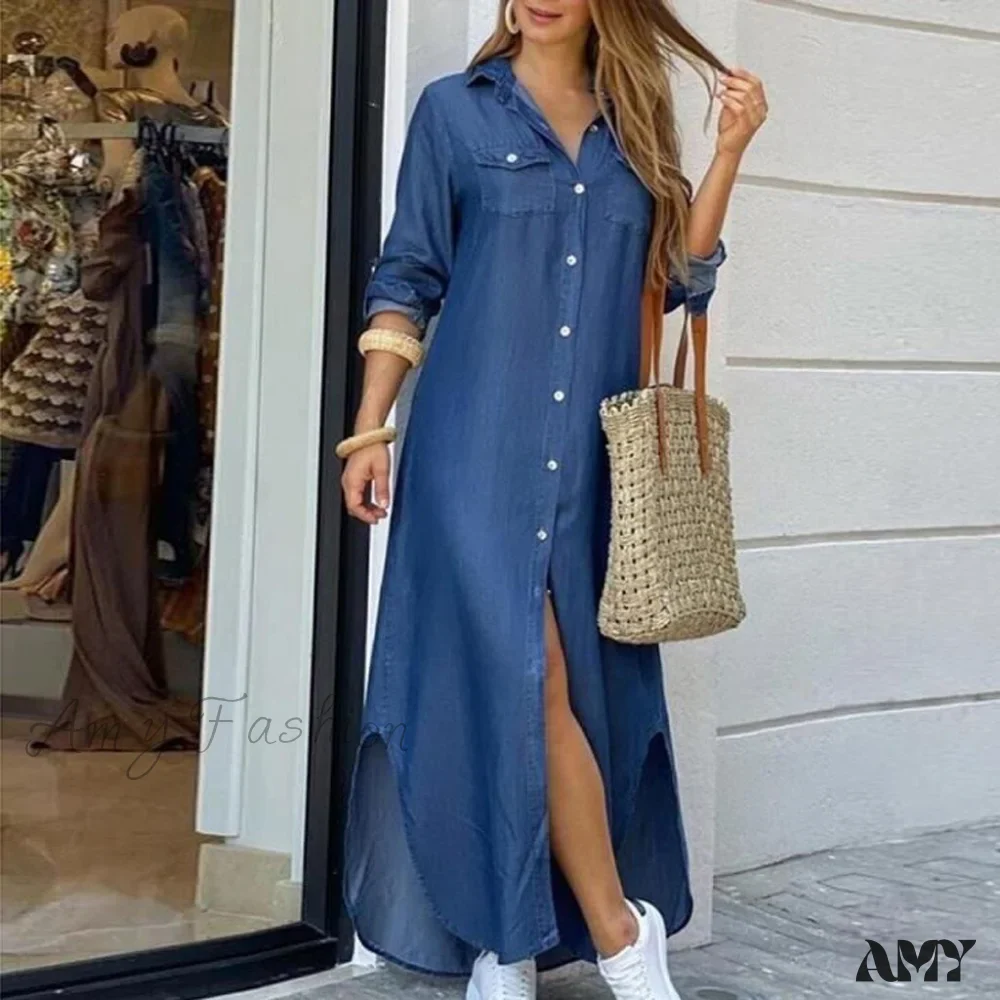 Amy Fashion - Long Sleeve Shirt Denim Long Dress