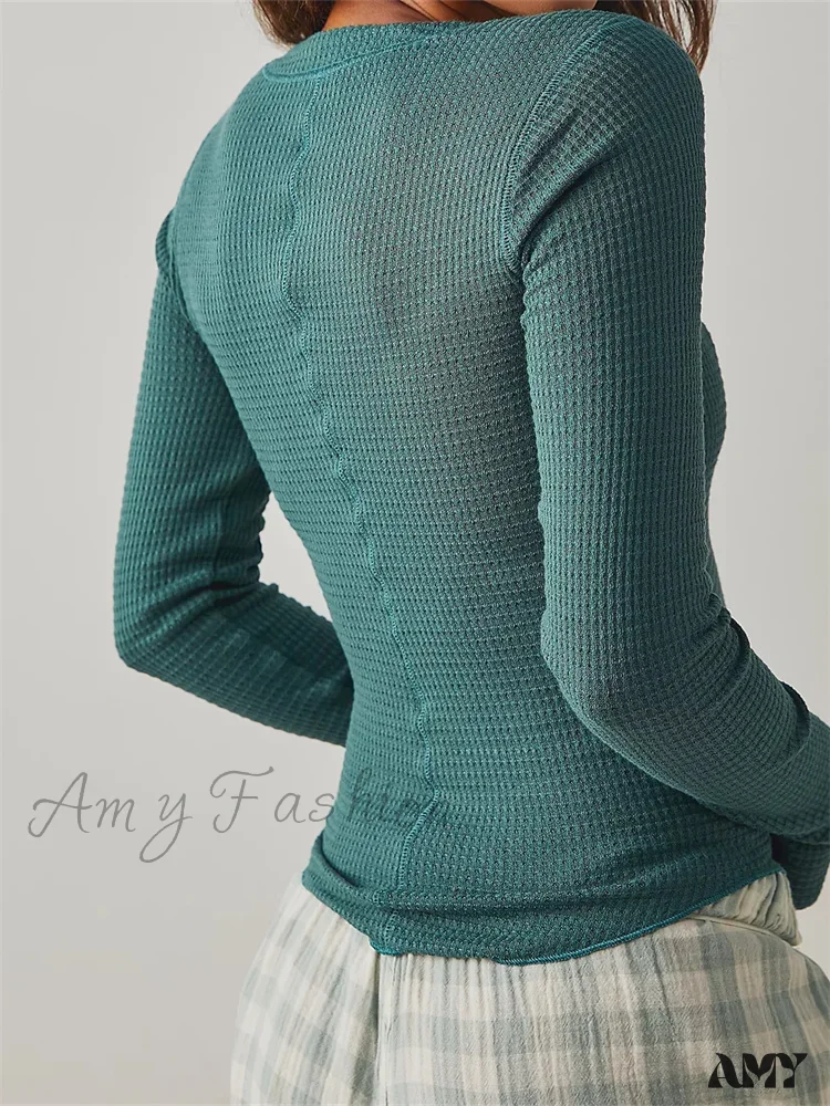 Amy Fashion - Long Sleeve Solid Color Deep V Neck Knitted Crop T-Shirts - Image 4