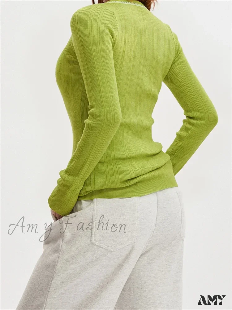 Amy Fashion - Long Sleeve Solid Color Elegant Low Cut Lace Trim T-Shirts - Image 2