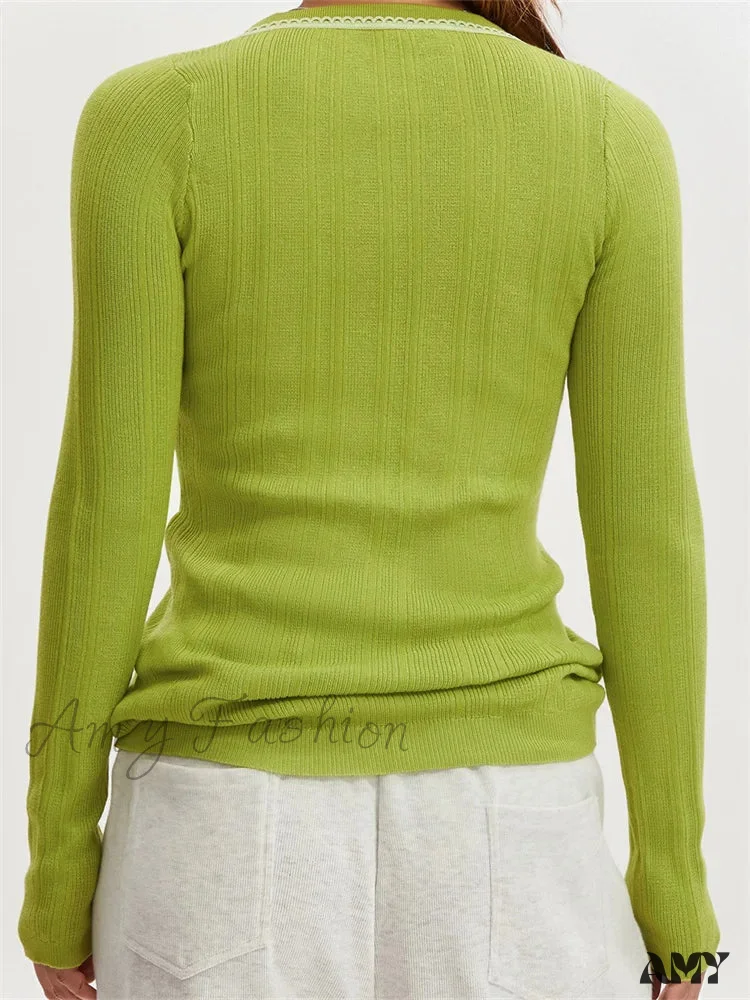 Amy Fashion - Long Sleeve Solid Color Elegant Low Cut Lace Trim T-Shirts - Image 3