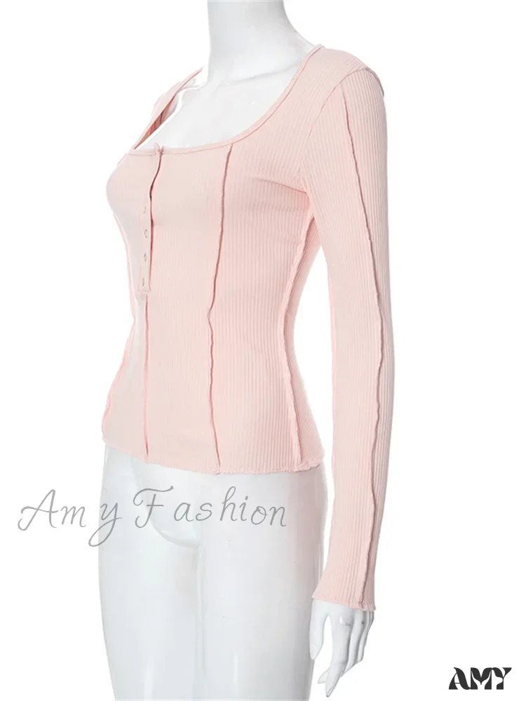 Amy Fashion - Long Sleeve Solid Color Slim Fit Ribbed Button Up T-shirts - Image 4