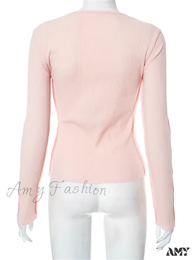 Amy Fashion - Long Sleeve Solid Color Slim Fit Ribbed Button Up T-shirts - Image 5