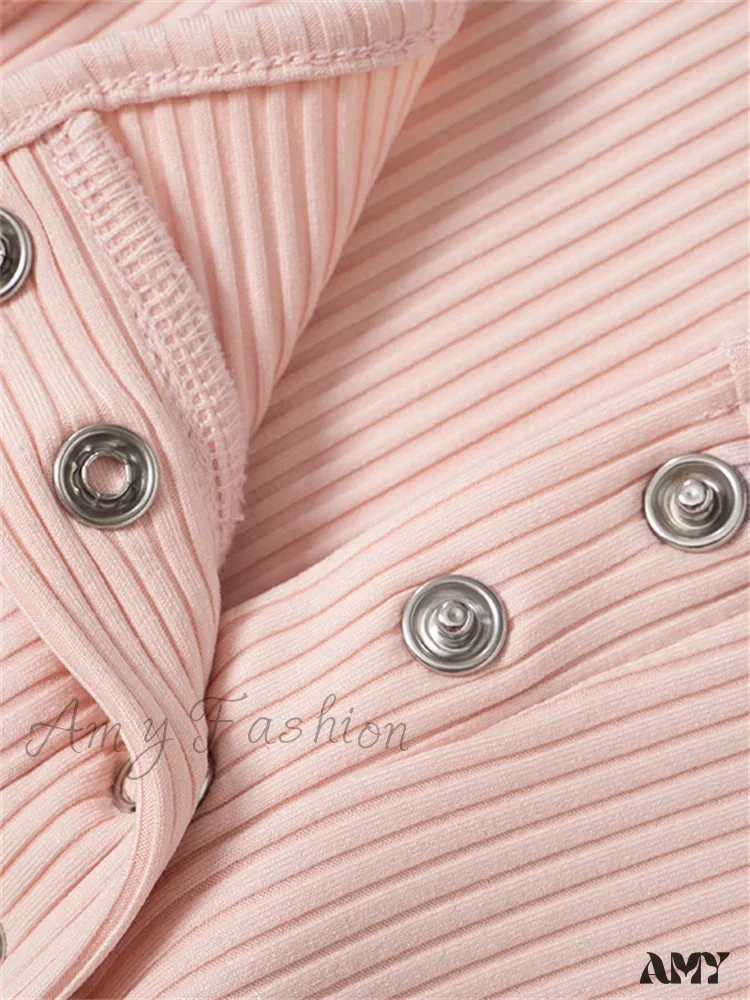Amy Fashion - Long Sleeve Solid Color Slim Fit Ribbed Button Up T-shirts - Image 6