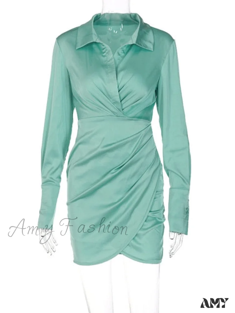 Amy Fashion - Long Sleeve V Neck Ruched Wrap Mini Dress - Image 3