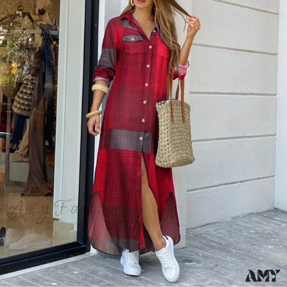 Amy Fashion - Long Sleeves Shirt Casual Plaid Vestidos Dress