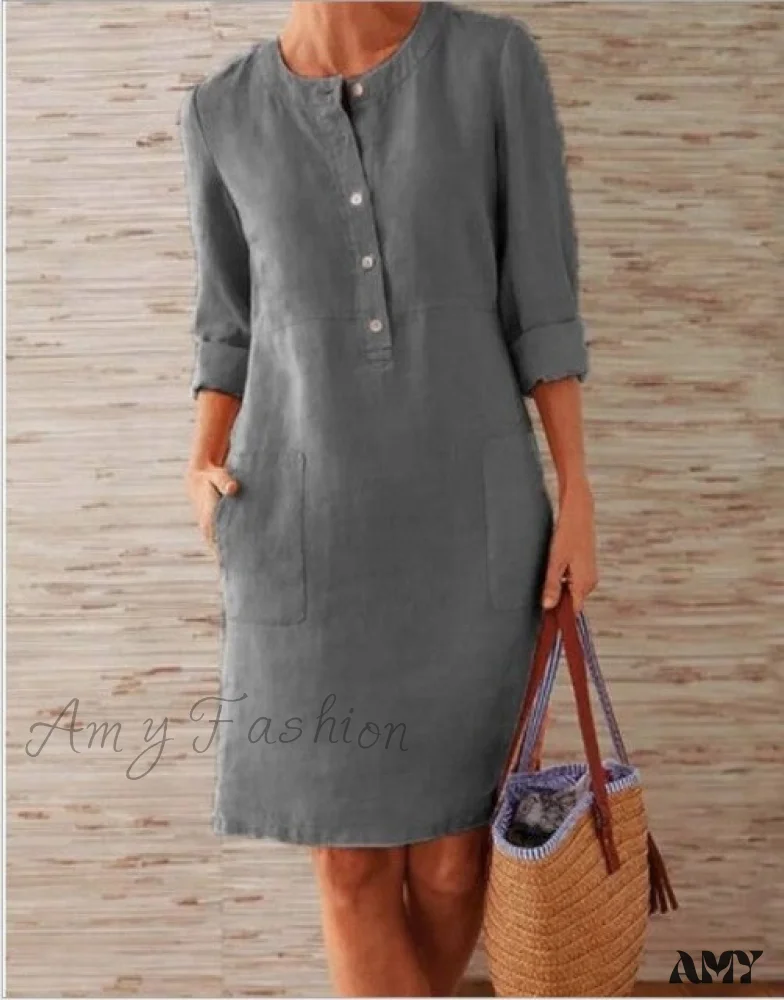 Amy Fashion - Loose Cotton Hemp New O-neck Dress - Image 3