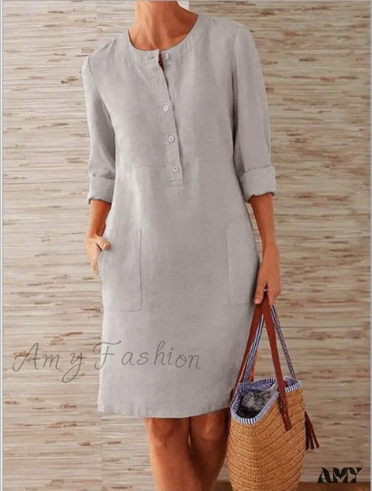 Amy Fashion - Loose Cotton Hemp New O-neck Dress - Image 4