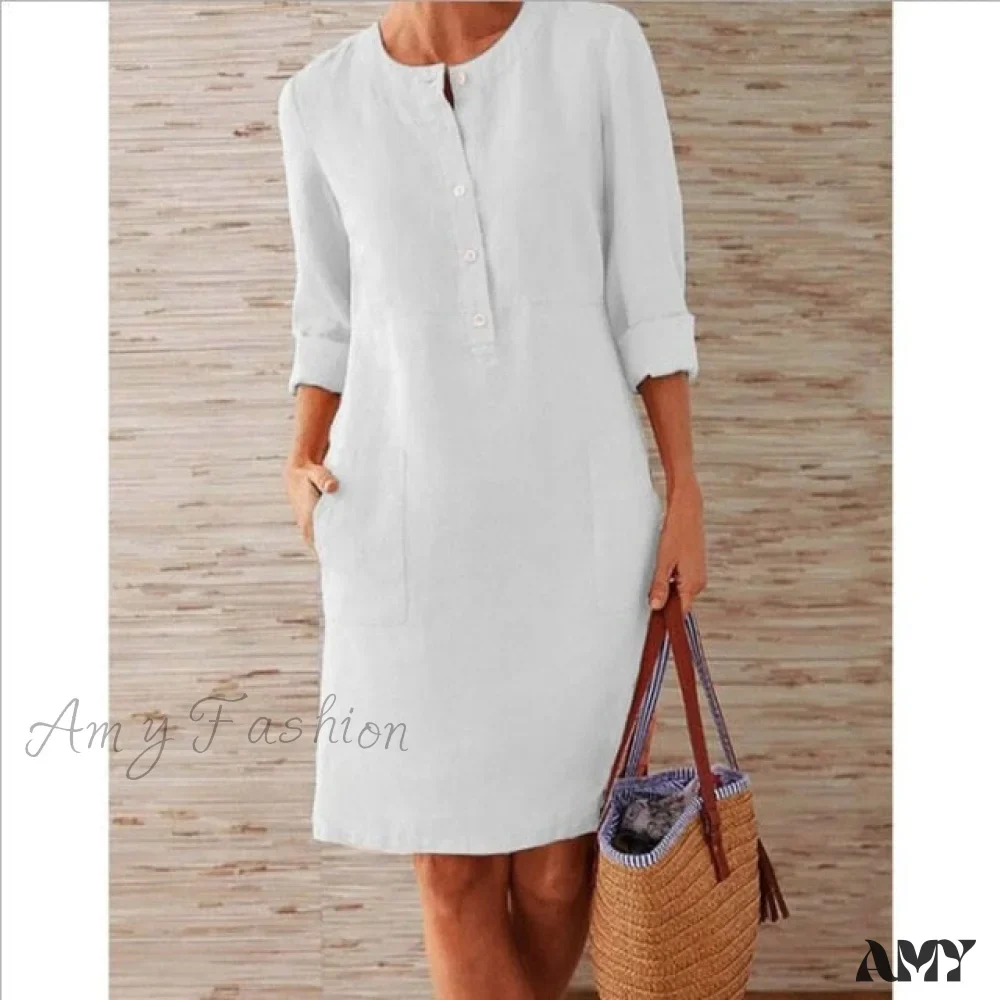 Amy Fashion - Loose Cotton Hemp New O-neck Dress - Image 5