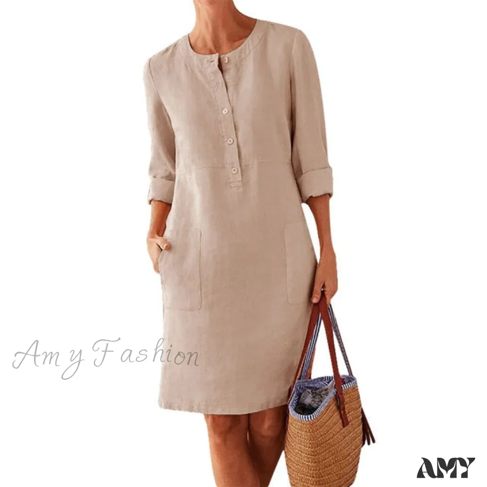 Amy Fashion - Loose Cotton Hemp New O-neck Dress - Image 6