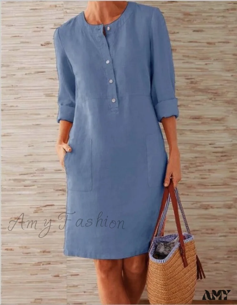 Amy Fashion - Loose Cotton Hemp New O-neck Dress - Image 7