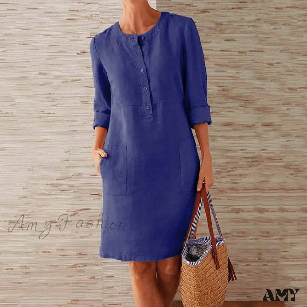 Amy Fashion - Loose Cotton Hemp New O-neck Dress - Image 8