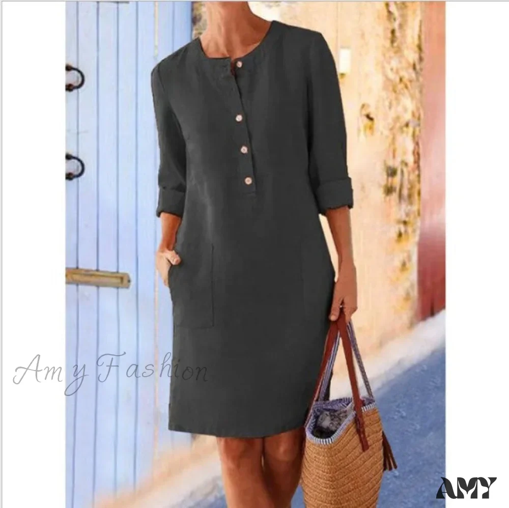 Amy Fashion - Loose Cotton Hemp New O-neck Dress - Image 9