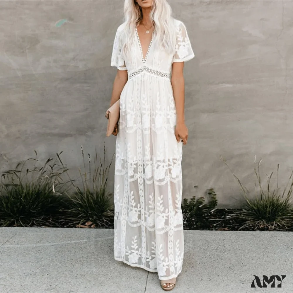 Amy Fashion - Loose Embroidery White Lace long Tunic Beach Dress - Image 7