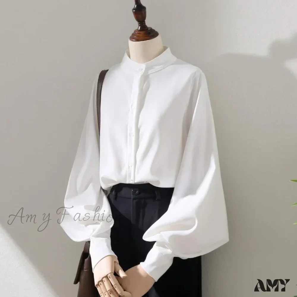 Loose Korean Office Ladies Fashion Button Up Lantern Stand Collar Tops Blouse