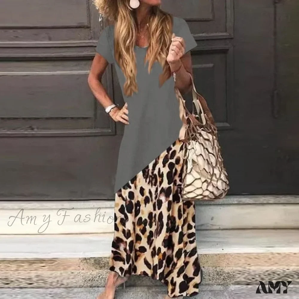 Amy Fashion - Casual Short Sleeve Leopard Printed Maxi Dress - Image 3