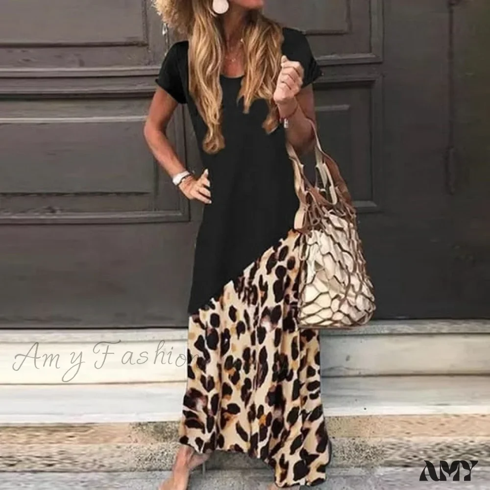 Amy Fashion - Casual Short Sleeve Leopard Printed Maxi Dress - Image 4