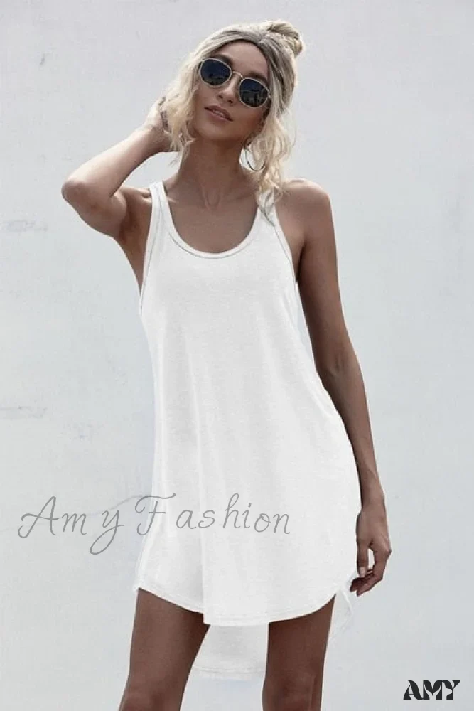 Amy Fashion - Loose Off Shoulder Asymmetrical Cotton Mini Dress - Image 10