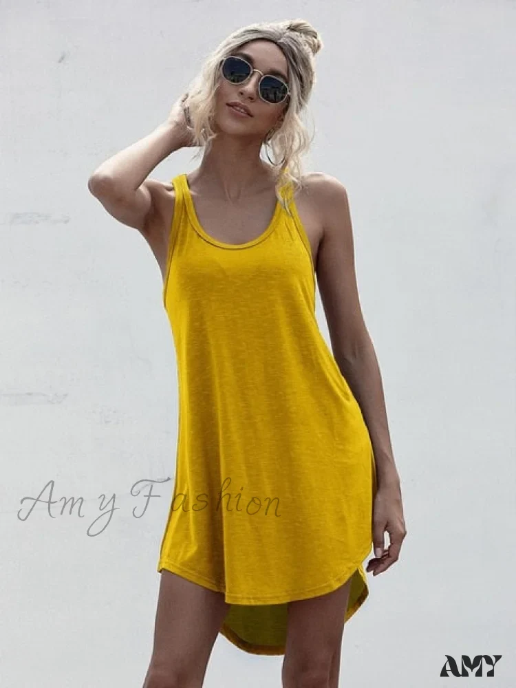 Amy Fashion - Loose Off Shoulder Asymmetrical Cotton Mini Dress - Image 9
