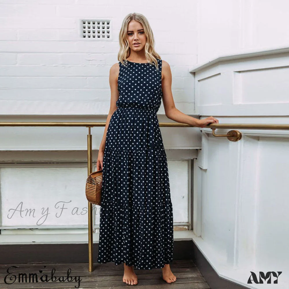 Amy Fashion - Loose Sleeveless Holiday Dot Print Long Maxi Dress